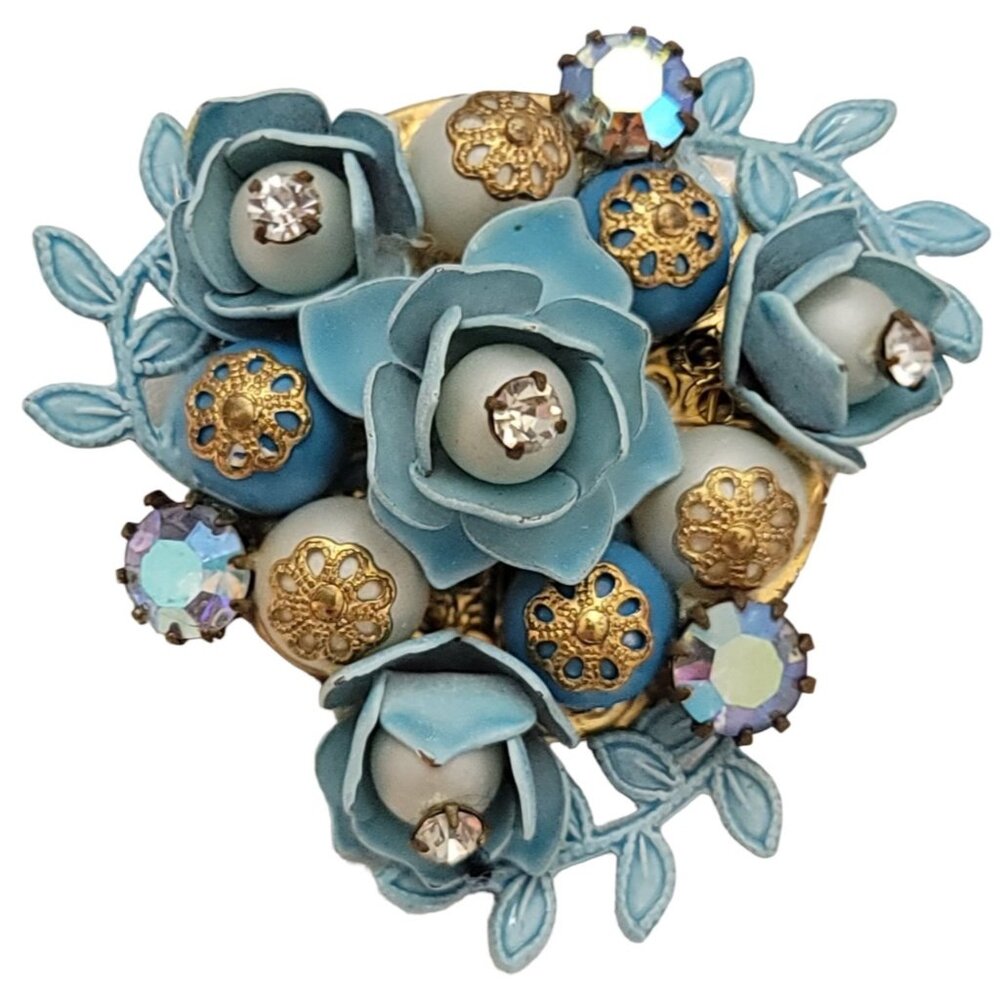 Vintage Blue Enamel Metal Wired Brass Faux Pearl Flower Rose Montee Brooch K223